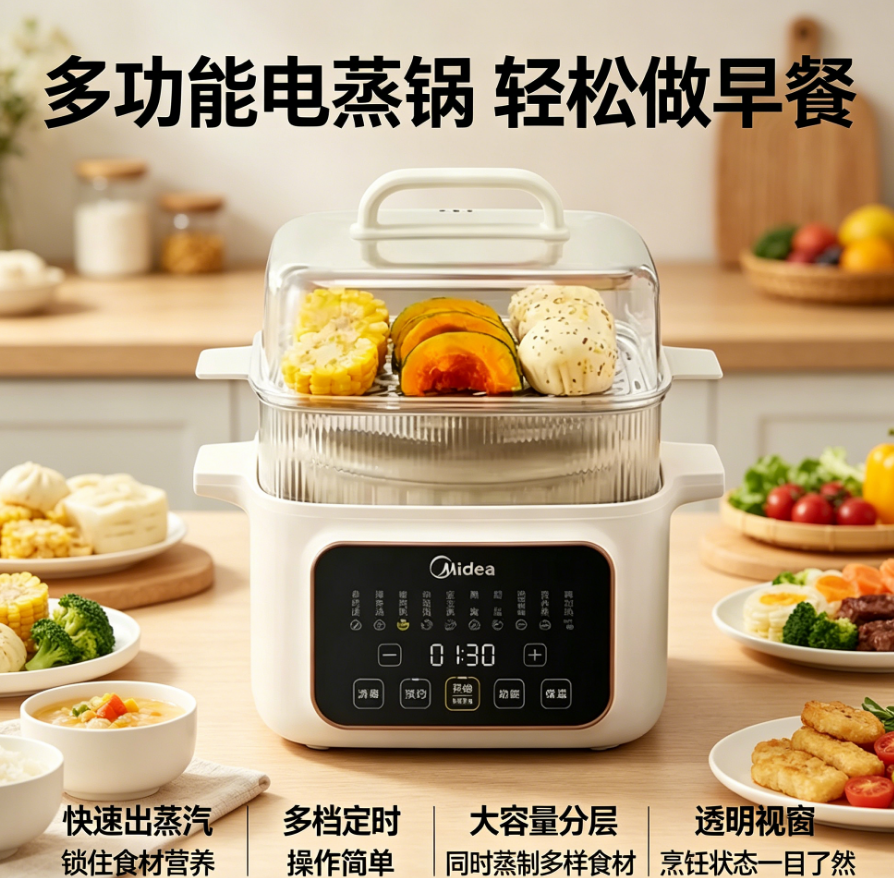 Baby Food Steamer - 220V Midea Multi-Function Electric Steamer, 2-Tier,